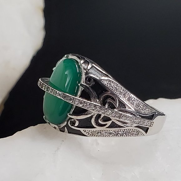 Men's Unique Jewelry Natural Green Chalcedony Sterling Silver 925 Ring - Picture 3 of 8